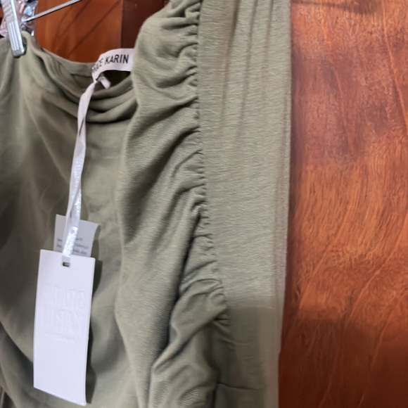 Sage green, ruched top, strapless dress with pockets - Picture 4 of 5